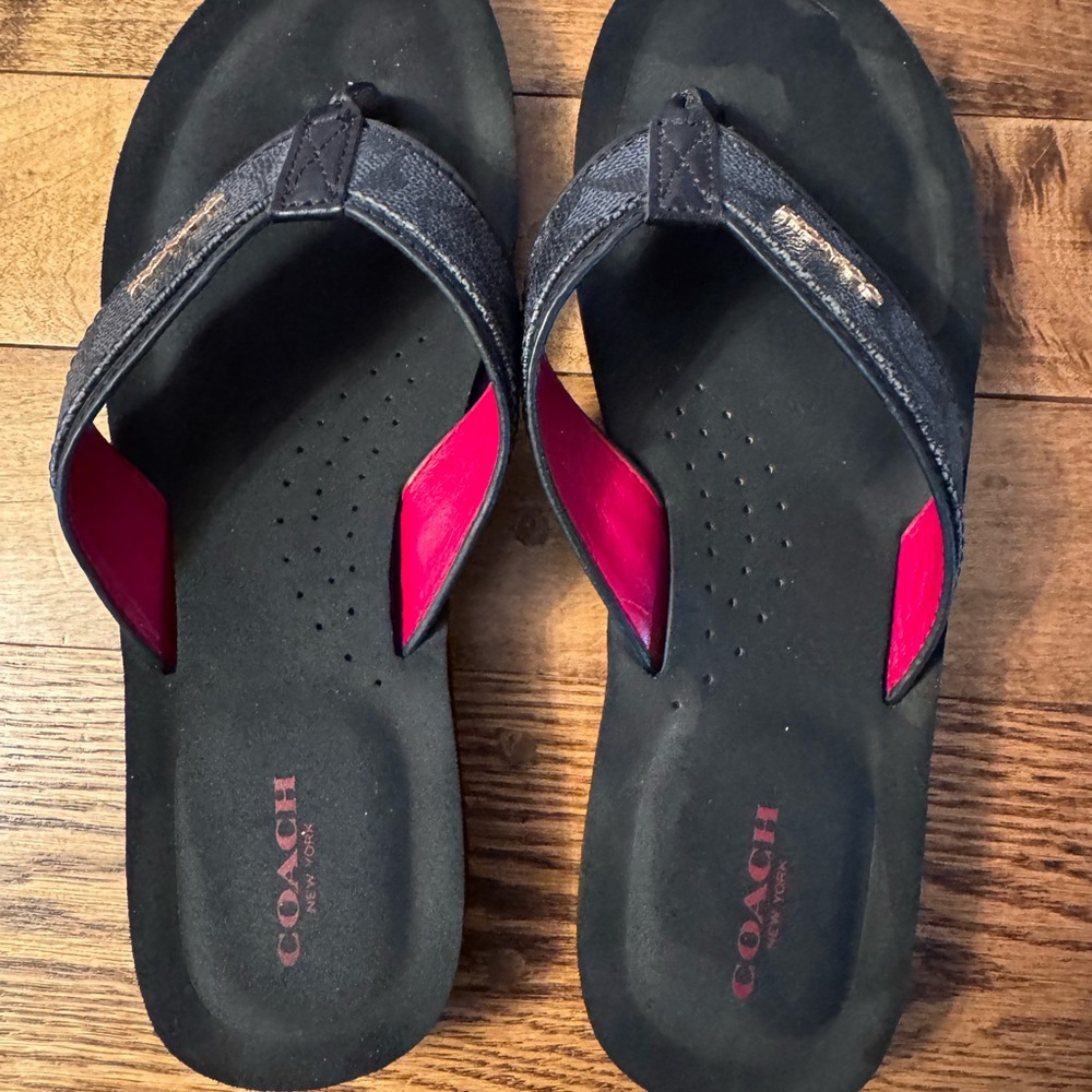 Coach Black and Pink Sandals with Molded Footbed
